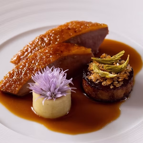 Dry aged duck & Spruce tip dish